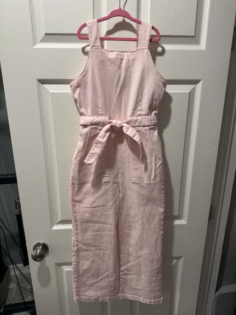 Girls Copper Key Blush Pink Denim Sleeveless Cropped Wide Leg Jumpsuit with Belt